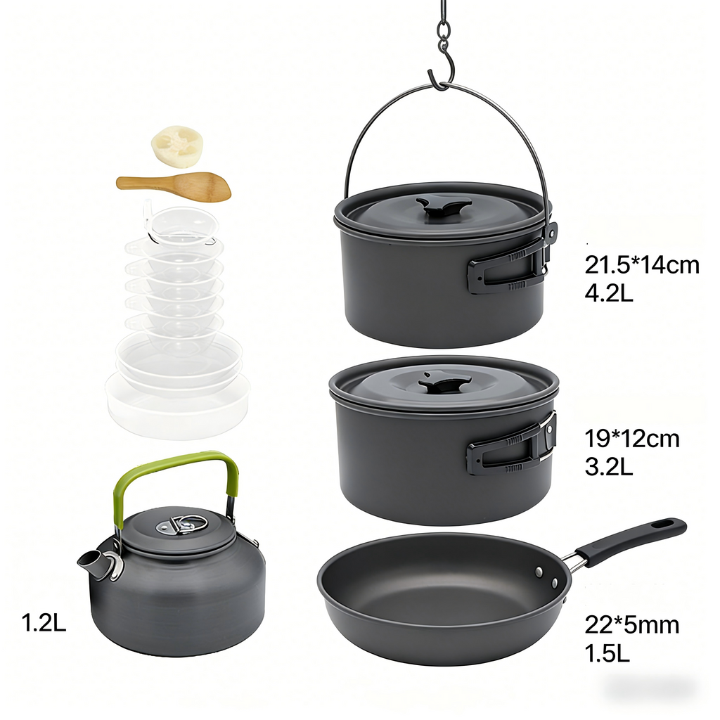 BBQ Camping Cookware Set for 5-6 People Outdoor Cooking Pot Set Portable Camping Cooking Set with Kettle for Hiking Picnic