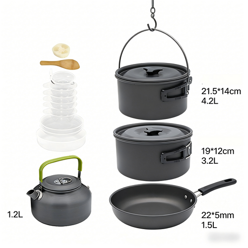 BBQ Camping Cookware Set for 5-6 People Outdoor Cooking Pot Set Portable Camping Cooking Set with Kettle for Hiking Picnic